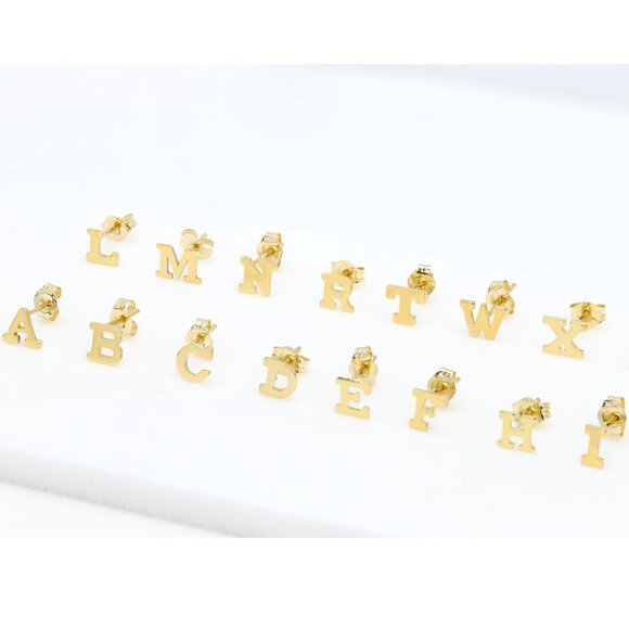 14k Gold Mini Alphabet Earrings Studs Sold as a Pair Fit for any Age - Picture 3 of 17